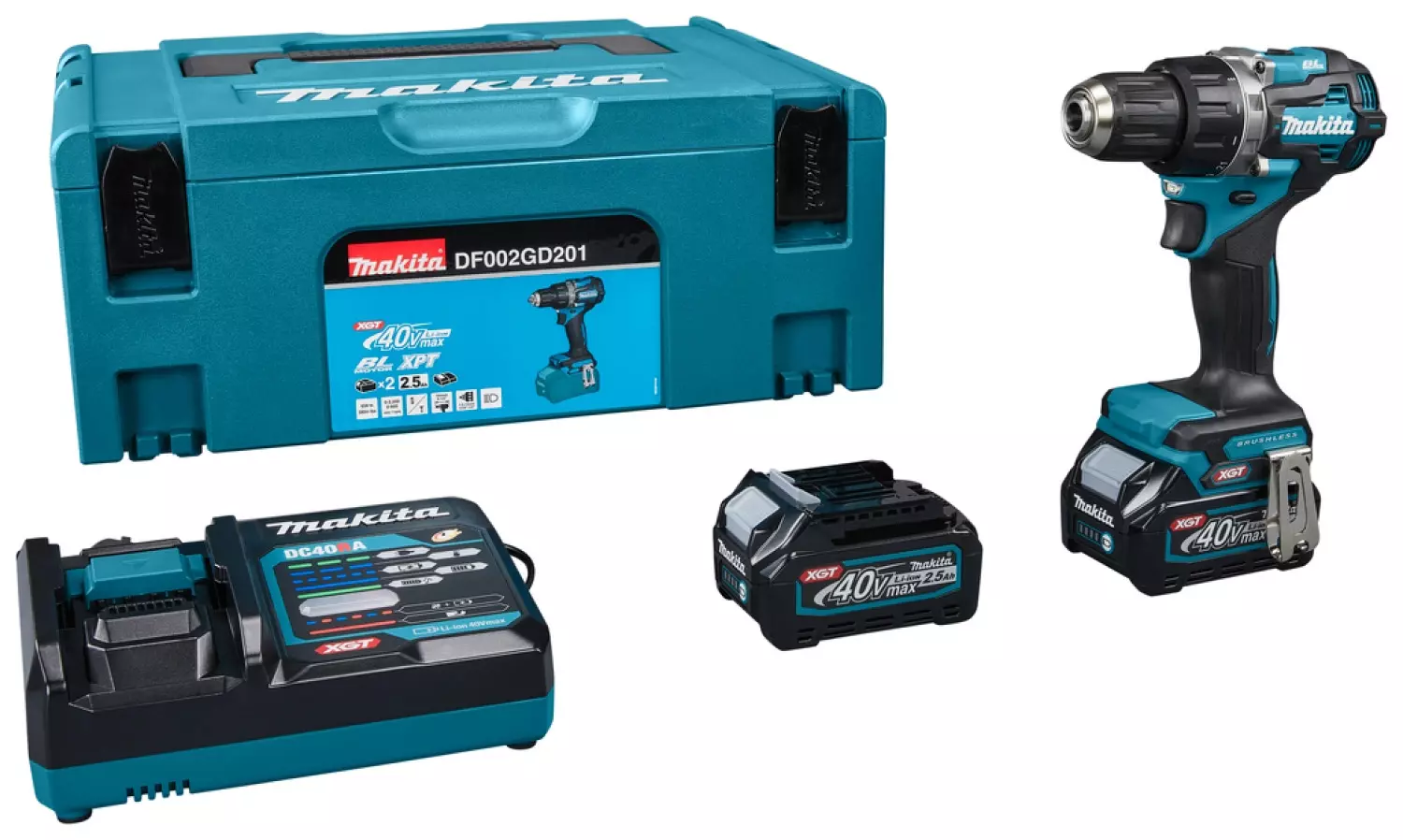 Perceuse visseuse 54Nm 40V max - MAKITA - 2 batteries 40V 2.5Ah - chargeur - MakPac - DF002GD201