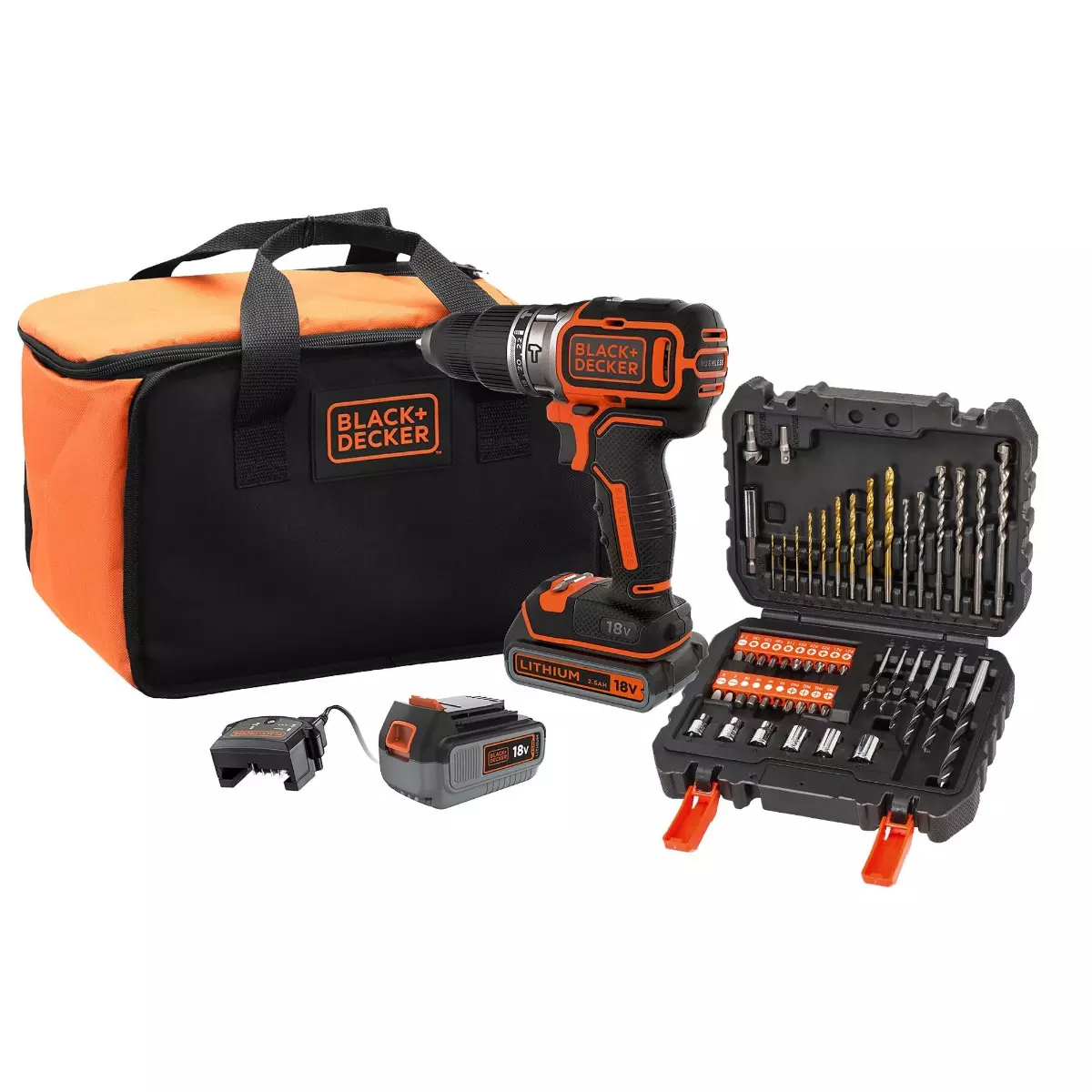 Perceuse à percussion sans fil BLACK + DECKER 18V - 2 batteries 18V 1x2.5Ah  1x4Ah - chargeur - sac -  BL188ME2SA-QW