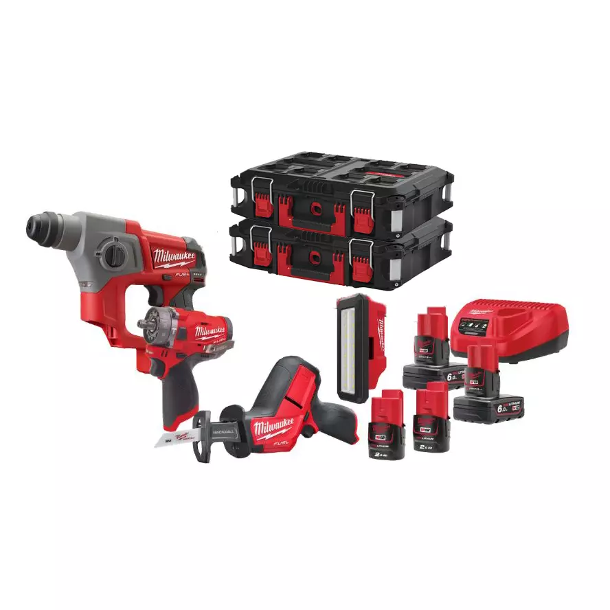Pack de 4 outils 12V - M12™ PROMO POWERPACK - M12 FPP4C-624P - MILWAUKEE - avec 4 batterie 12V  (2x2.0Ah + 2x6.0Ah) + chargeur + 2 toolbox - 4933492515