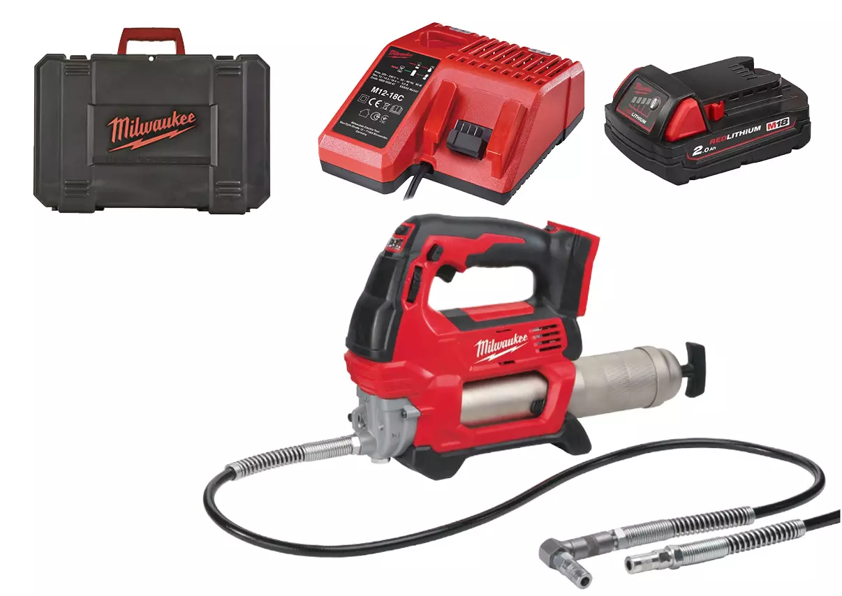 Pompe à graisse MILWAUKEE M18GG-201C 18V - 1 Batterie 18V 2.0Ah, chargeur - coffret - 4933440490