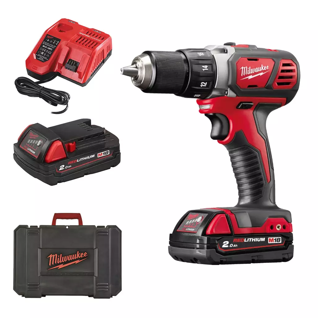 Perceuse visseuse M18 BDD-202C - MILWAUKEE - avec 2 batteries 18V 2.0Ah, chargeur - coffret - 4933443555