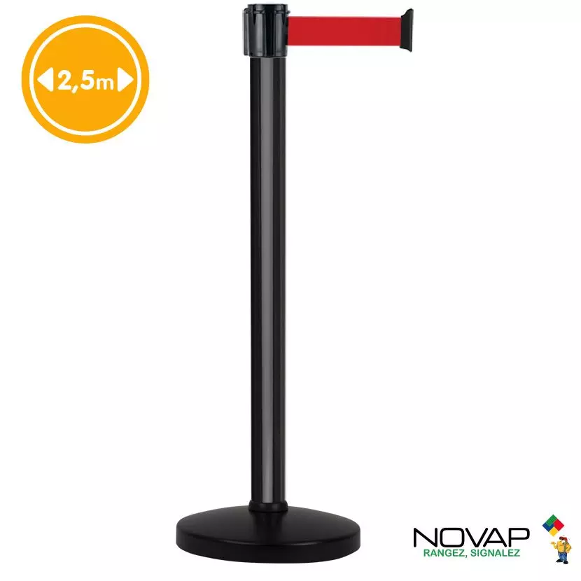 Poteau de guidage First noir avec sangle rouge de 2,5 m x 50 mm sur socle portable - NOVAP - 2080026