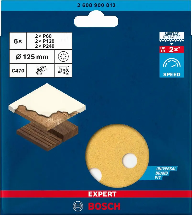 Disques abrasifs BOSCH EXPERT C470 bois et peinture - Ø125mm G60/120/240 - 6 disques - 2608900812