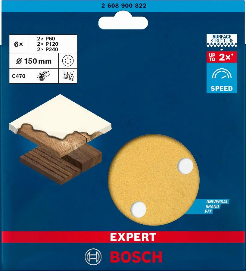 Disques abrasifs BOSCH EXPERT C470 bois et peinture - Ø150 mm G60/120/240 - 6 disques - 2608900822