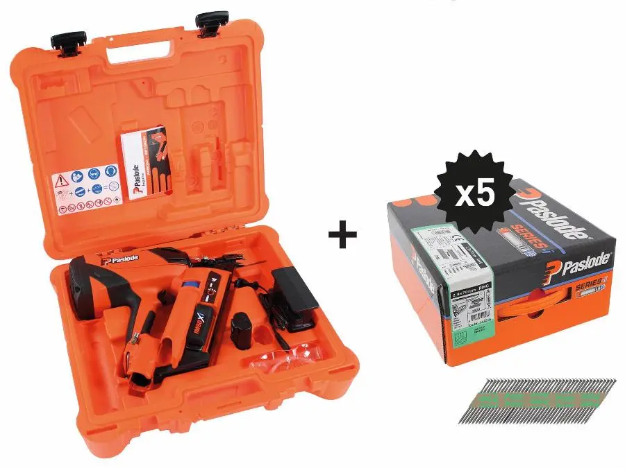 Cloueur Paslode IM90Xi  - SPIT -  avec batterie et chargeur + 5 packs 2,8x70 crantés - en mallette - 054696