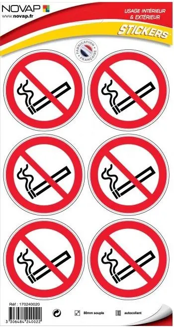 Planche de 6 pictogrammes D.80mm Défense de fumer