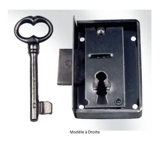 Serrure de meuble rustique avec clé Ref 304 (avec têtière)-[Sens:Droite]-[Axes:45mm]