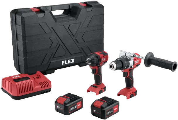 Lot Perceuse Percussion PD 2G 18.0-EC + Visseuse À Chocs ID 1/4" 18.0-EC - FLEX - avec 2 batteries 18V 5.0Ah, chargeur - coffret - 516236