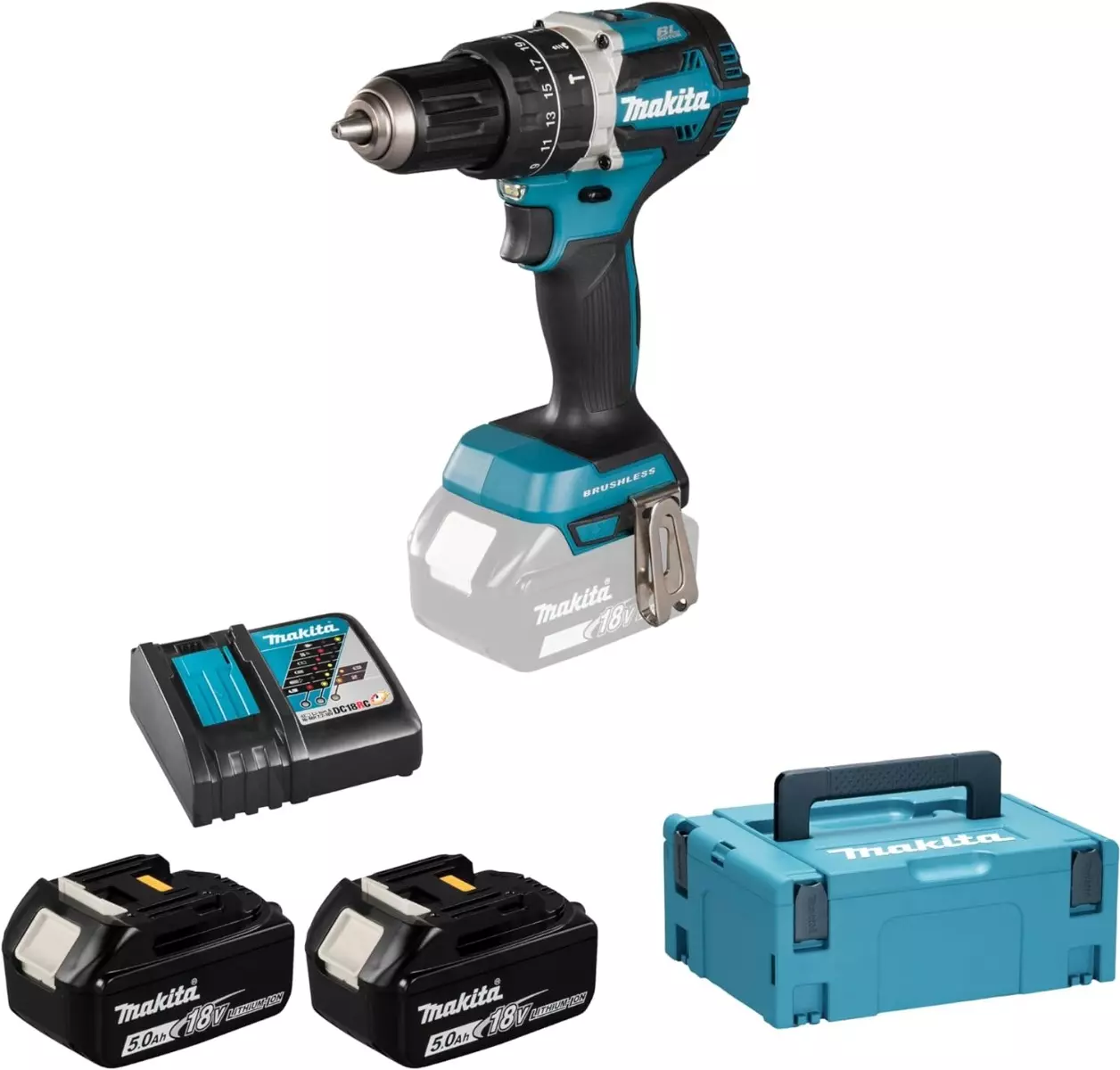 Perceuse visseuse à percussion 18 V Ø 13 mm MAKITA - avec 2 batteries 18V 5.0Ah - chargeur - MakPac - DHP484RTJ