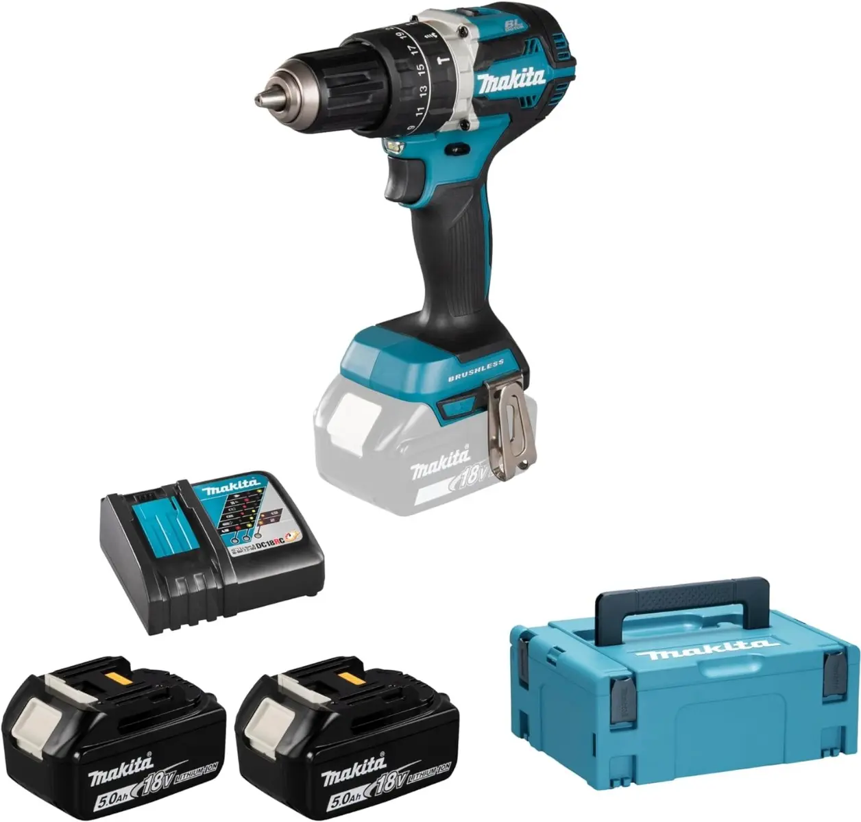 Perceuse visseuse à percussion 18 V Ø 13 mm MAKITA - avec 2 batteries 18V 5.0Ah - chargeur - MakPac - DHP484RTJ