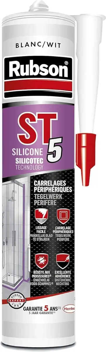 Mastic sanitaire spécial carrelages périphériques, Joint silicone à base aqueuse sans odeur, anti-moisissures - RUBSON - Coloris blanc , cartouche 300ml - 1631737