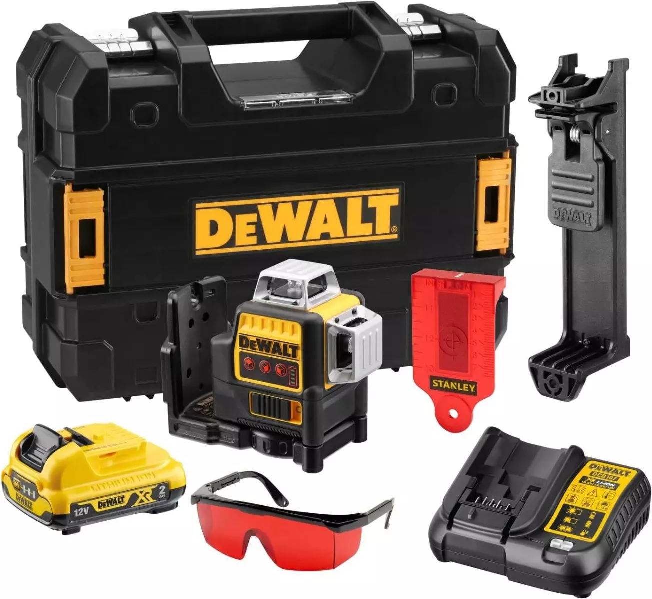 Laser 3x360° 10.8V - Faisceau rouge - DEWALT - avec Batterie 10.8V 2.0Ah et chargeur - accessoires - coffret - DCE089D1R