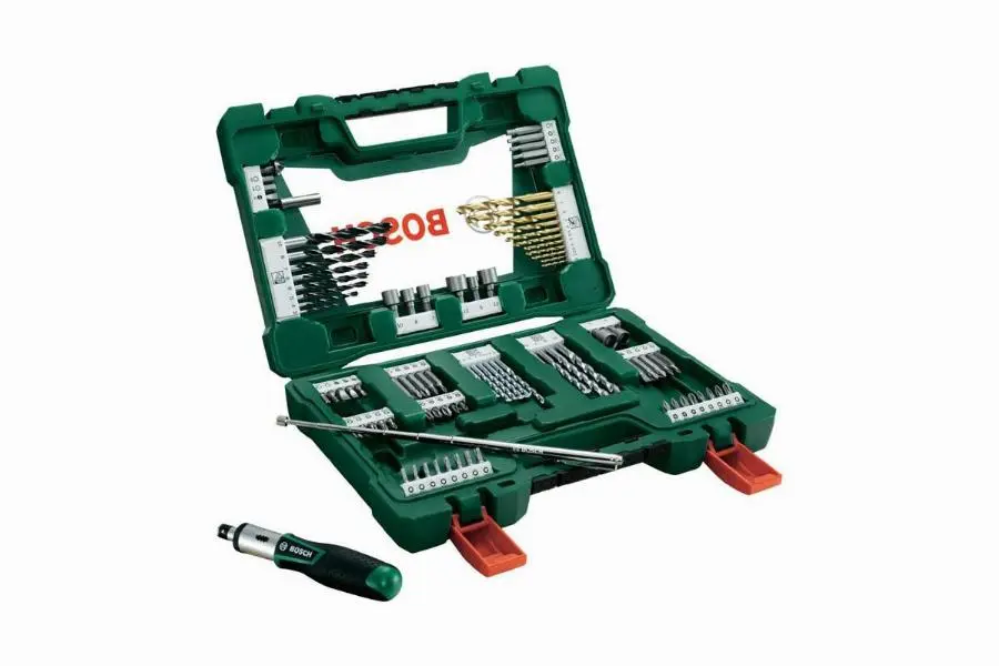 Coffret V-Line 91 pièces de forets et d’embouts TiN BOSCH avec tournevis à cliquet et tige magnétique - 2607017195