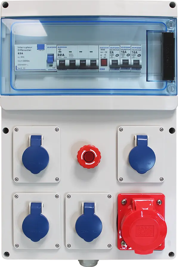 Coffret de chantier tetra équipé 4PC 2P+T + 1PC 3P+N+T 16A + arrêt d'urgence + voyant - EUROHM - 19210