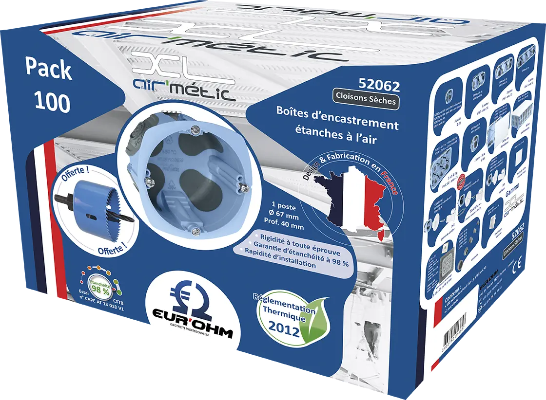 Pack de 100 Boîtes d'encastrement étanches à l'air 1 poste XL + Scie cloche Eur'Ohm diam. 67mm prof - EUROHM - 52062