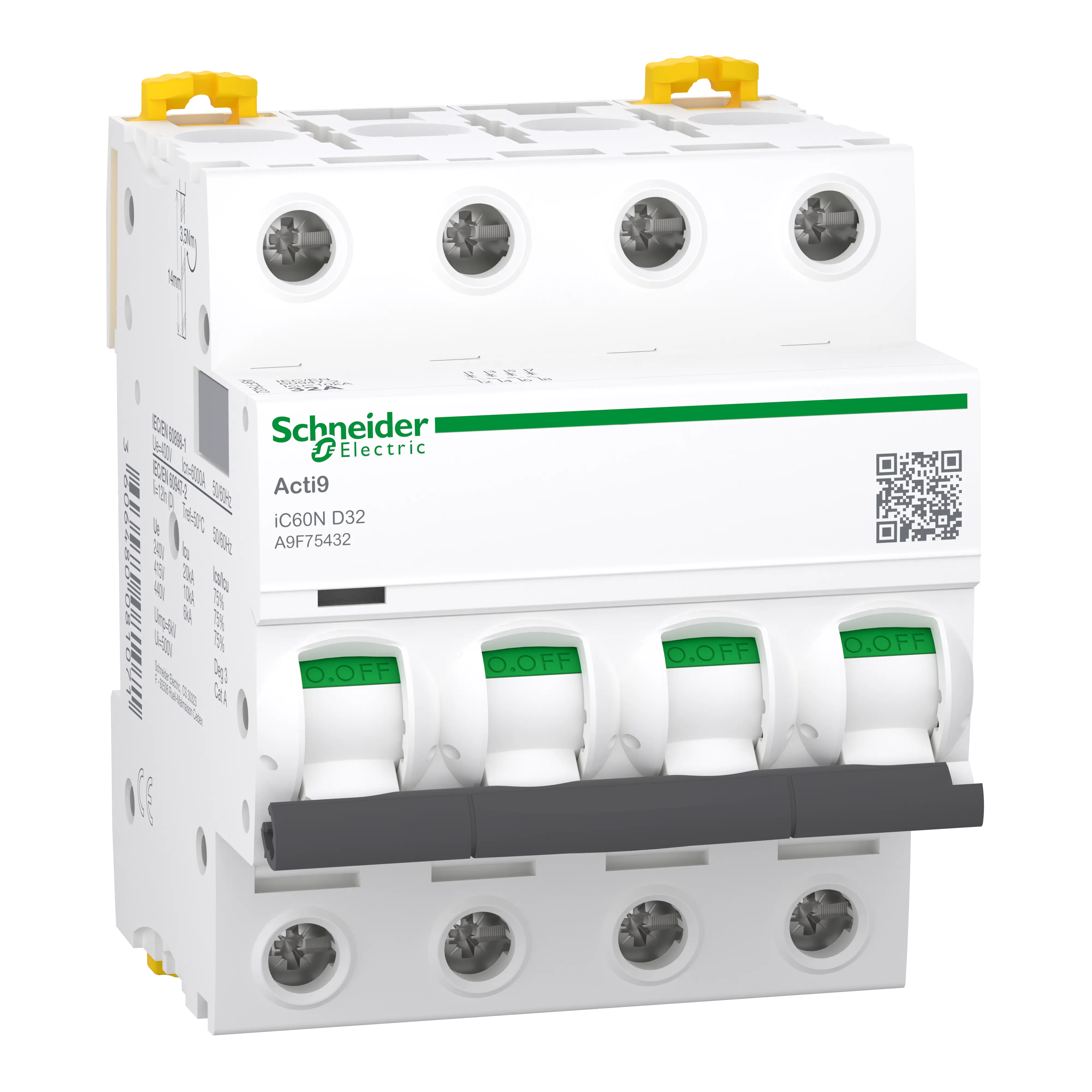 Acti9 iC60N - Disjoncteur - 4P - 32A - Courbe D - 400Vca - 6000A/10kA - SCHNEIDER ELECTRIC - A9F75432