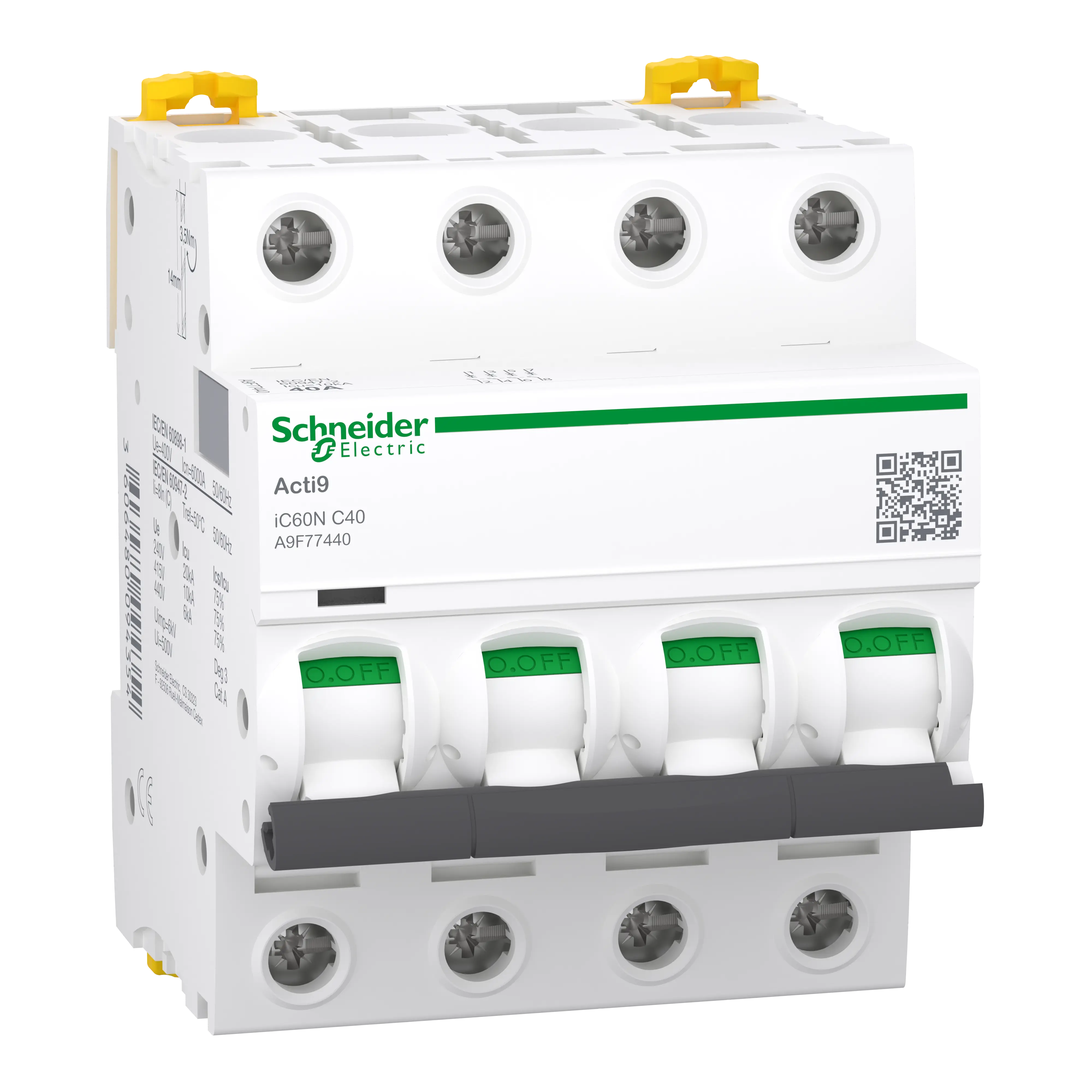 Acti9 iC60N - Disjoncteur - 4P - 40A - Courbe C - 400Vca - 6000A/10kA - SCHNEIDER ELECTRIC - A9F77440