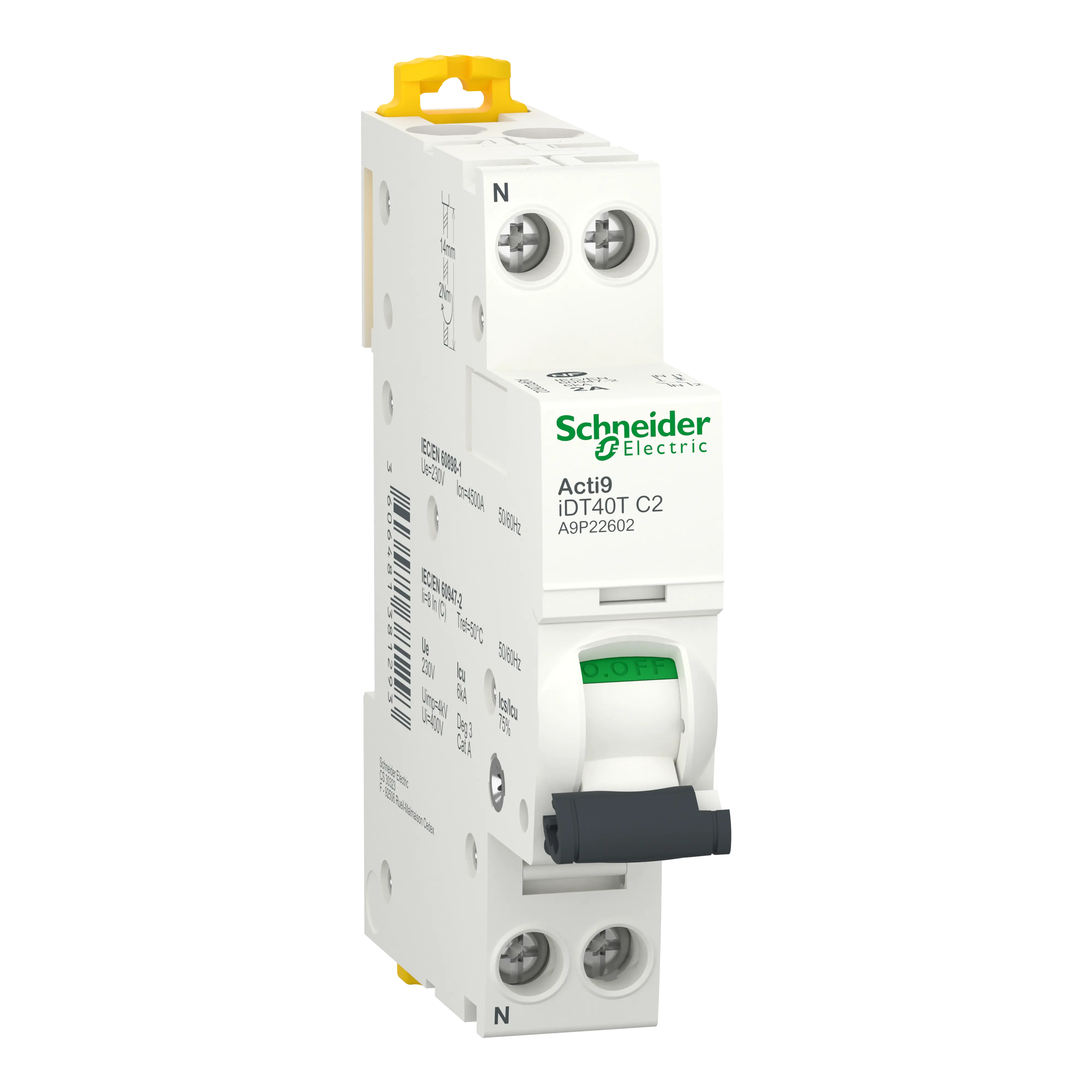 Acti9 iDT40T - Disjoncteur modulaire - 1P+N - 2A - Courbe C - 4500A/6kA - SCHNEIDER ELECTRIC - A9P22602