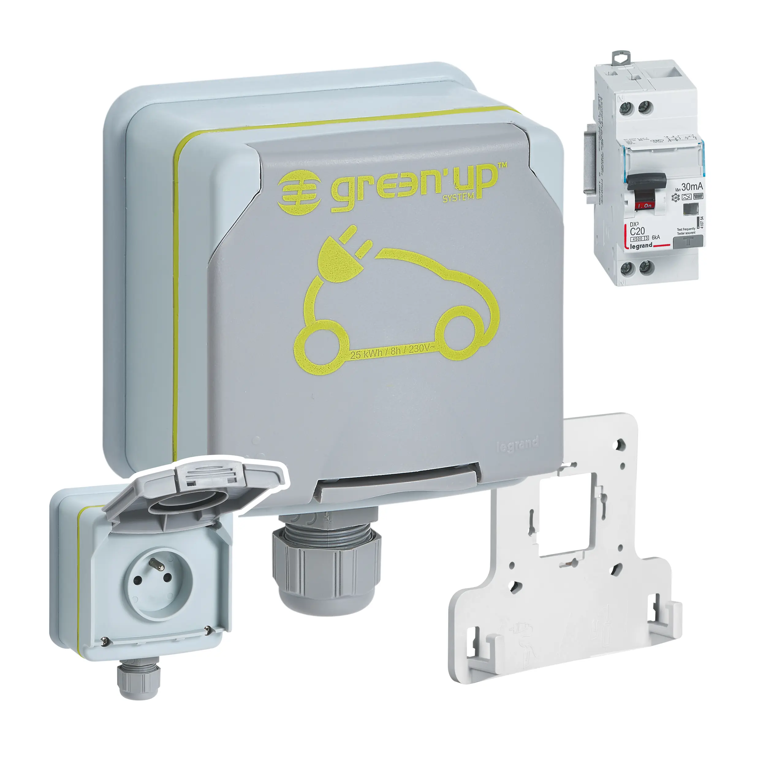 Prêt-à-poser Green'up Access prise pour véhicule électrique + patère + disjoncteur différentiel - LEGRAND - 90476