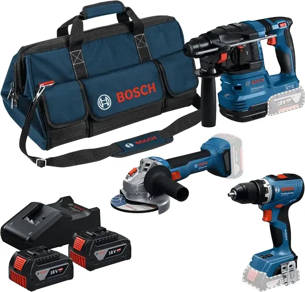 Set de 3 outils 18 V : GSR + GWS + GBH + 2 batteries GBA 18V 4.0 Ah + GAL 18V-40 Professional - BOSCH - 0615A50094