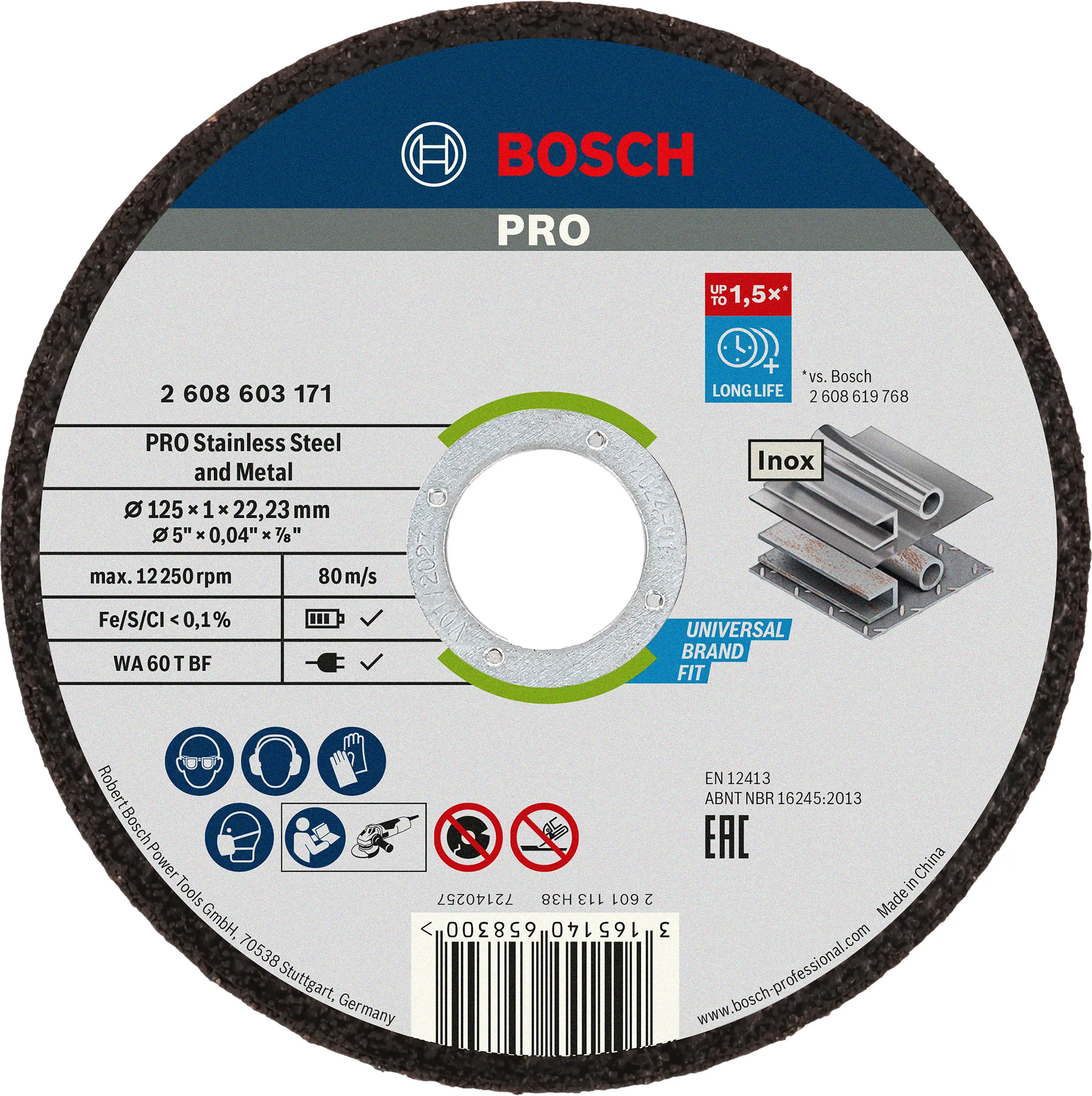 Disque à tronçonner PRO à moyeu standard plat pour acier inoxydable et métal - 125 x 1 x 22,23 mm - BOSCH - 2608603171