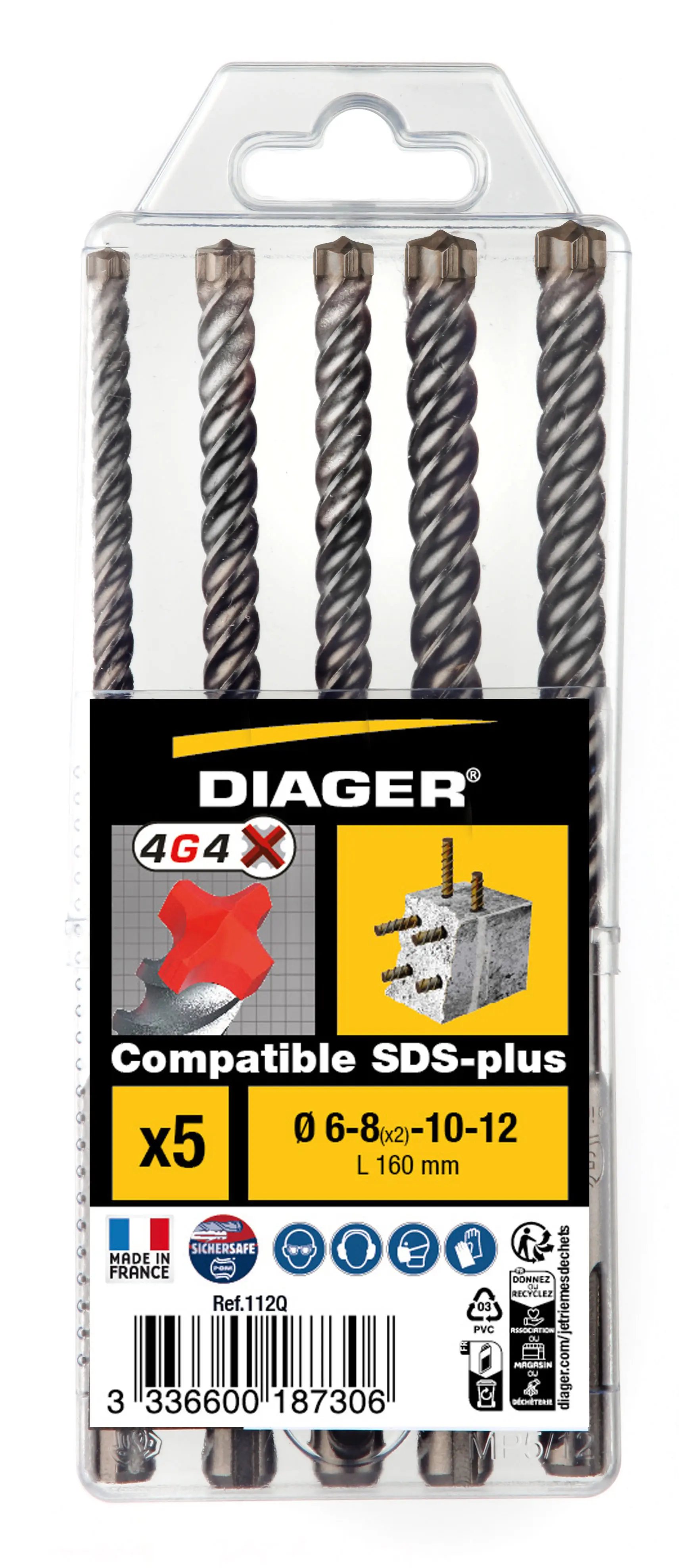 Coffret de 5 forets béton 4G4 attachement SDS+ lg 160 mm - DIAGER - 112Q