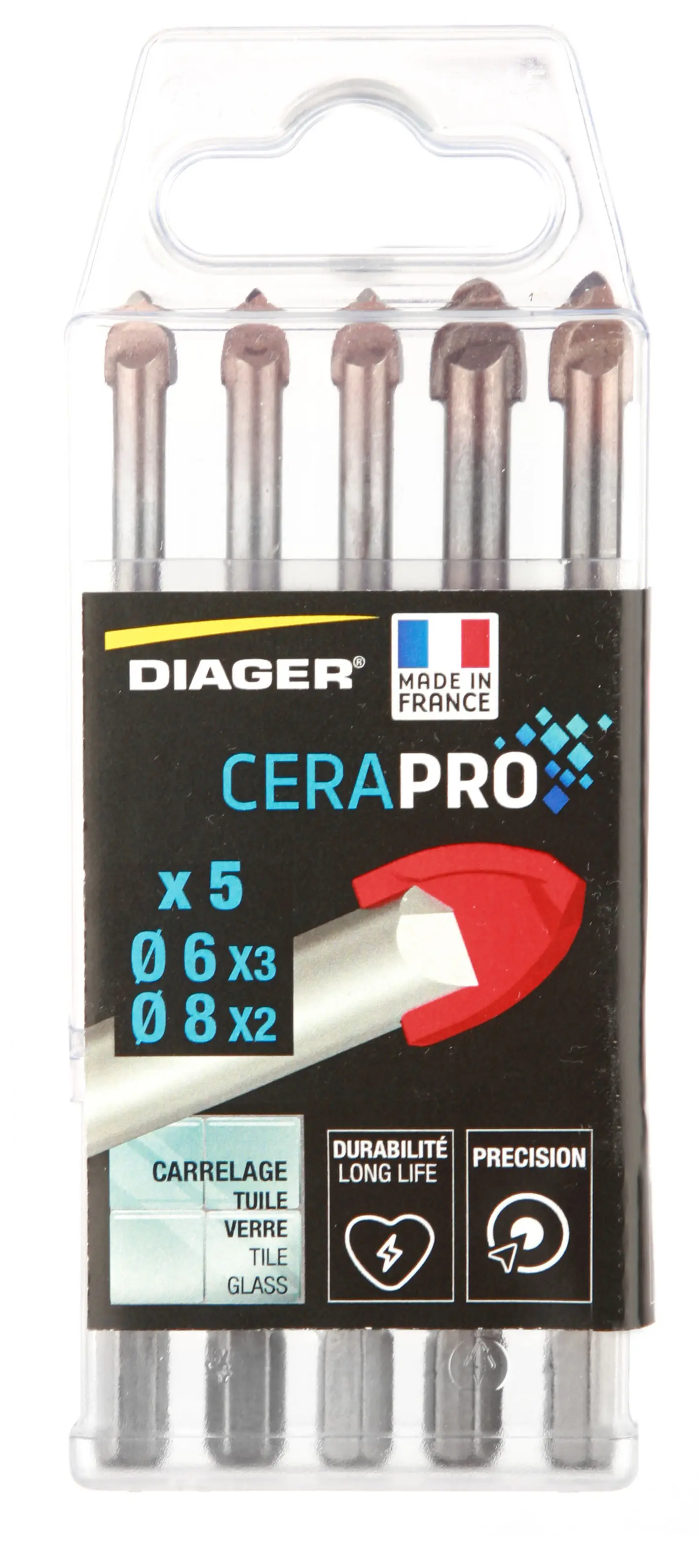 Coffret 5 forets carrelage cerapro attachement 6 pans - 3 forets Ø 6 mm + 2 forets Ø 8 mm - DIAGER - 4130A