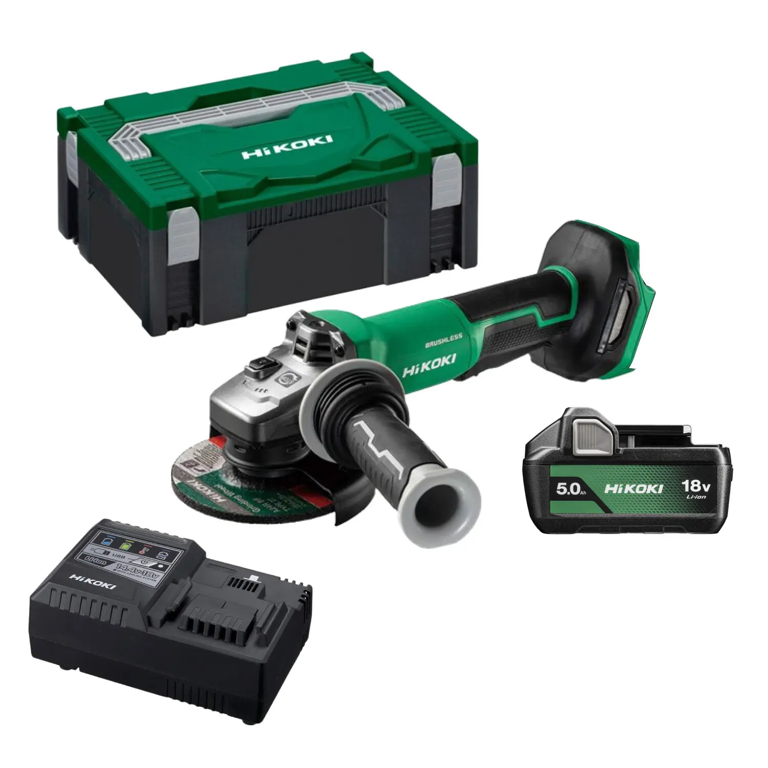 Meuleuse à interrupteur autobloquant et frein Brushless 18 V 125 mm - HIKOKI - avec batterie 18V 5Ah - chargeur - HitCase III - G1813DEWQZ