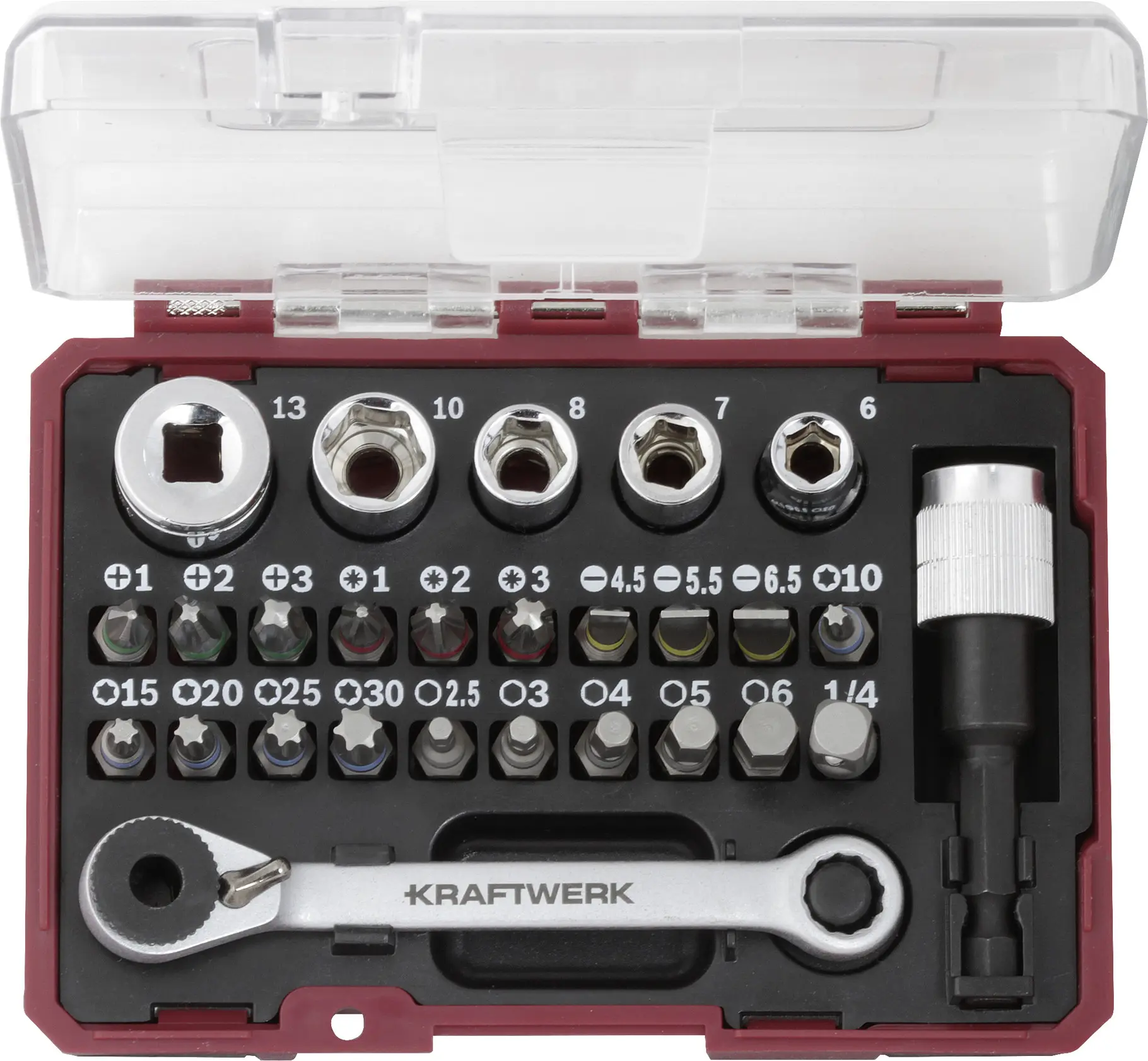 Boîte d'embouts avec mini clé à cliquet 1/4", 27 pcs. - KRAFTWERK - 306.378.008
