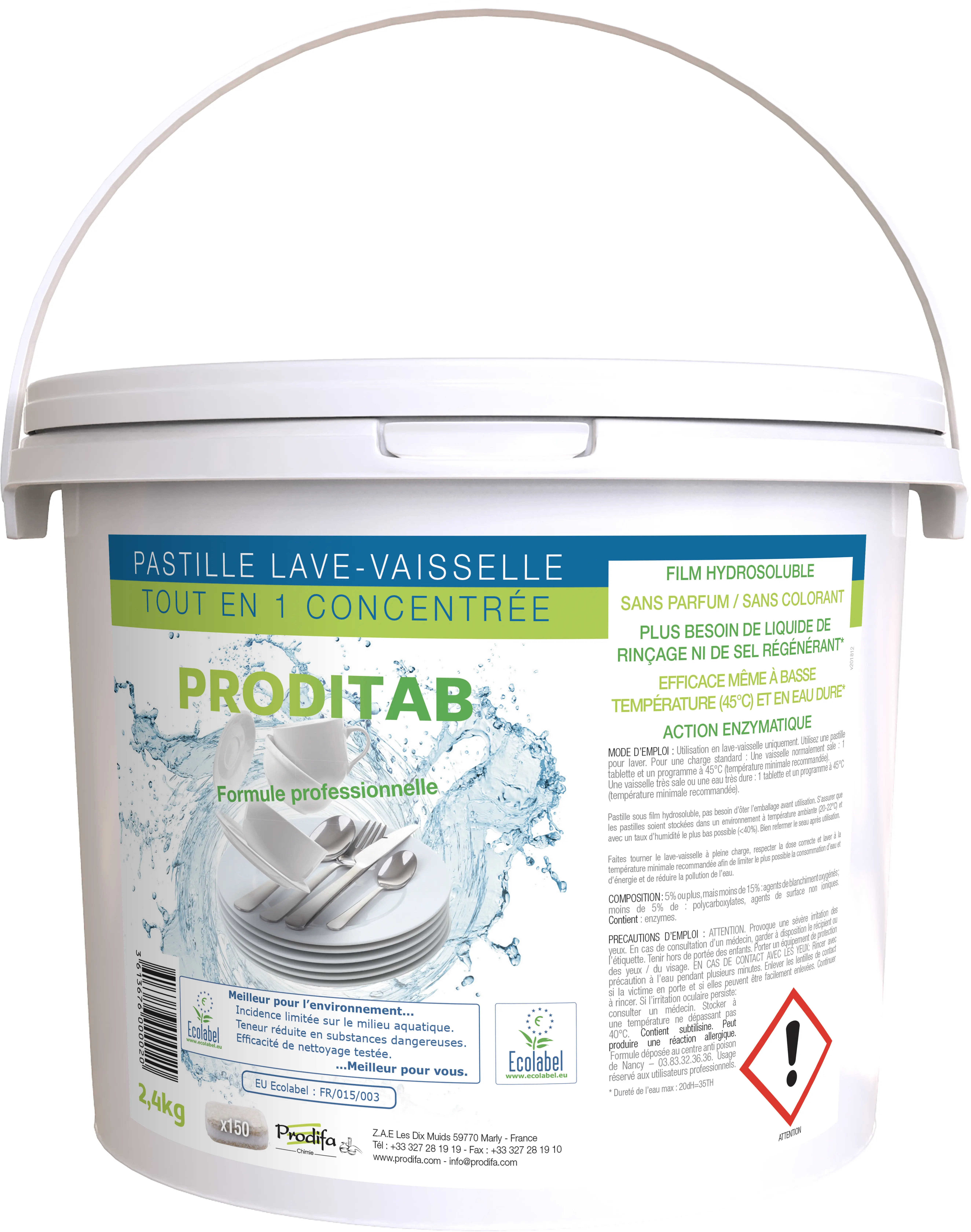 Pastille lave vaisselle tout en 1 Concentré ECOLABEL PRODITAB Seau de 150 pastille 