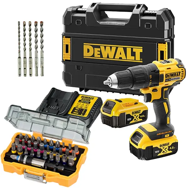 Perceuse visseuse compact 18V XR - DEWALT - avec 2 batteries 18V 4.0Ah - chargeur - coffret + Jeux de 5 forets + Coffret d'embout 32 pièces  - LOT72103