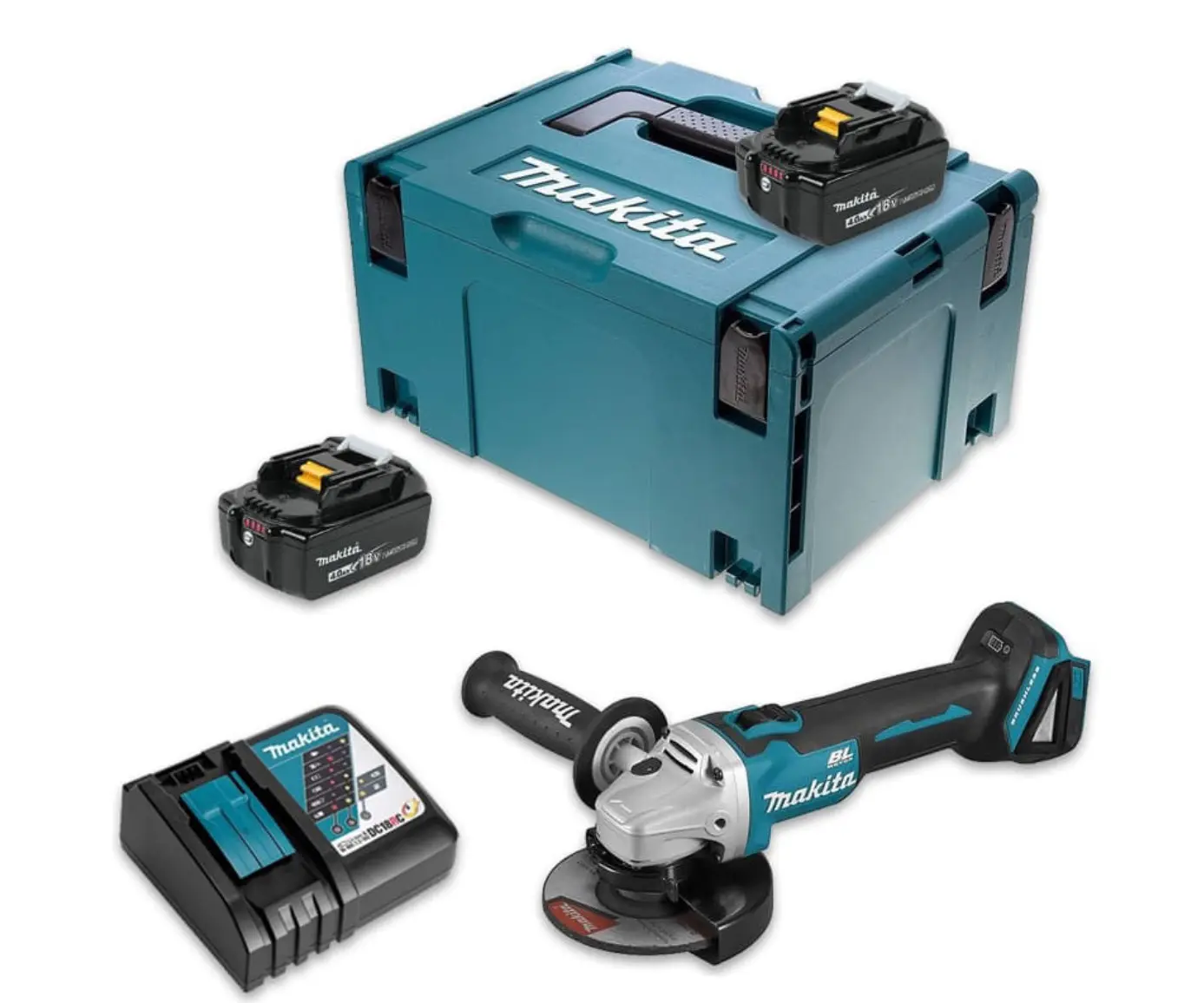 Meuleuse Ø 125 mm 18 V Li-Ion -MAKITA - avec 2 batteries 4Ah 18V - chargeur - MAKPAC - DGA504RMJ