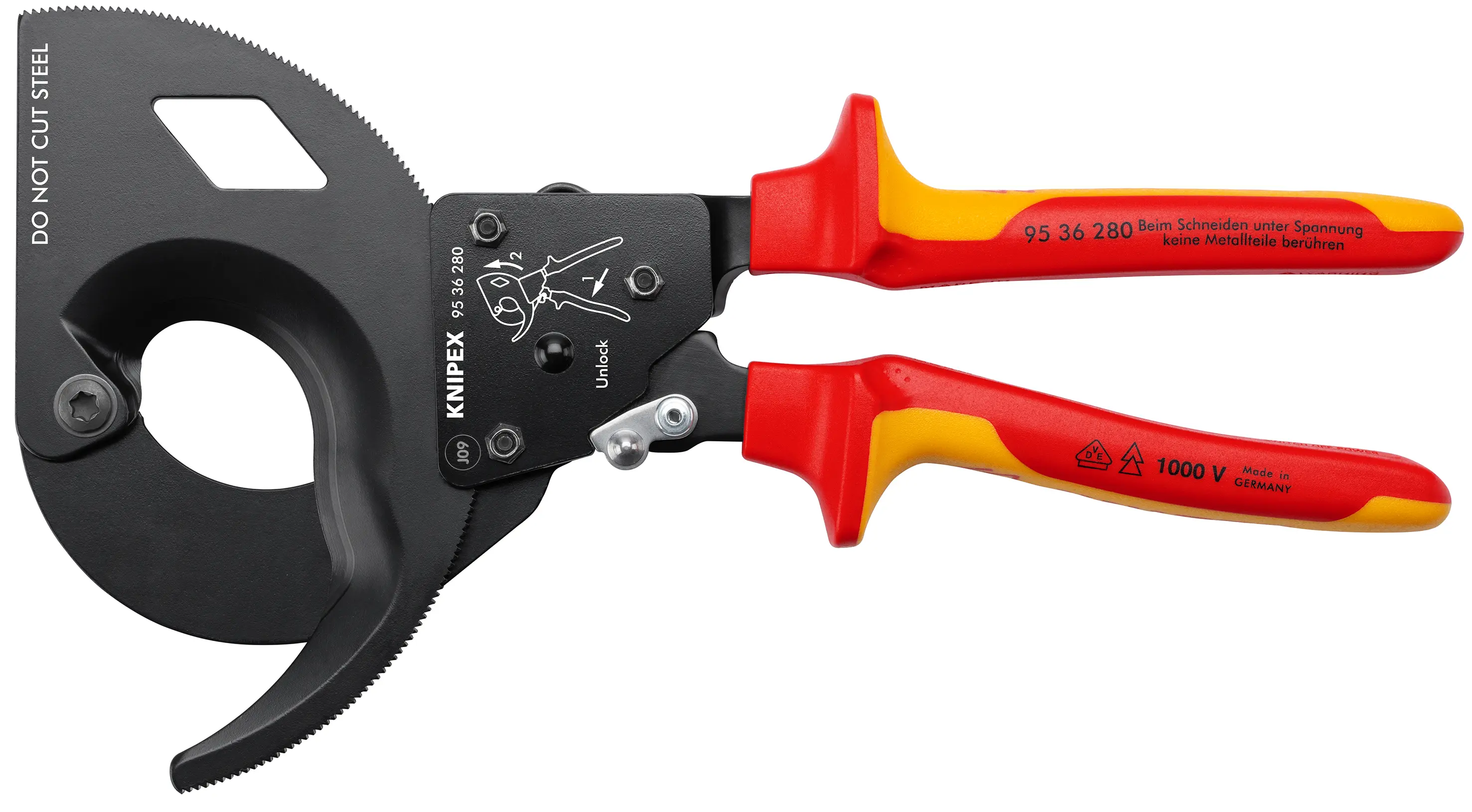 Coupe-câbles à cliquet - 280 mm - D. 52 mm - Isolé - KNIPEX - 9536280