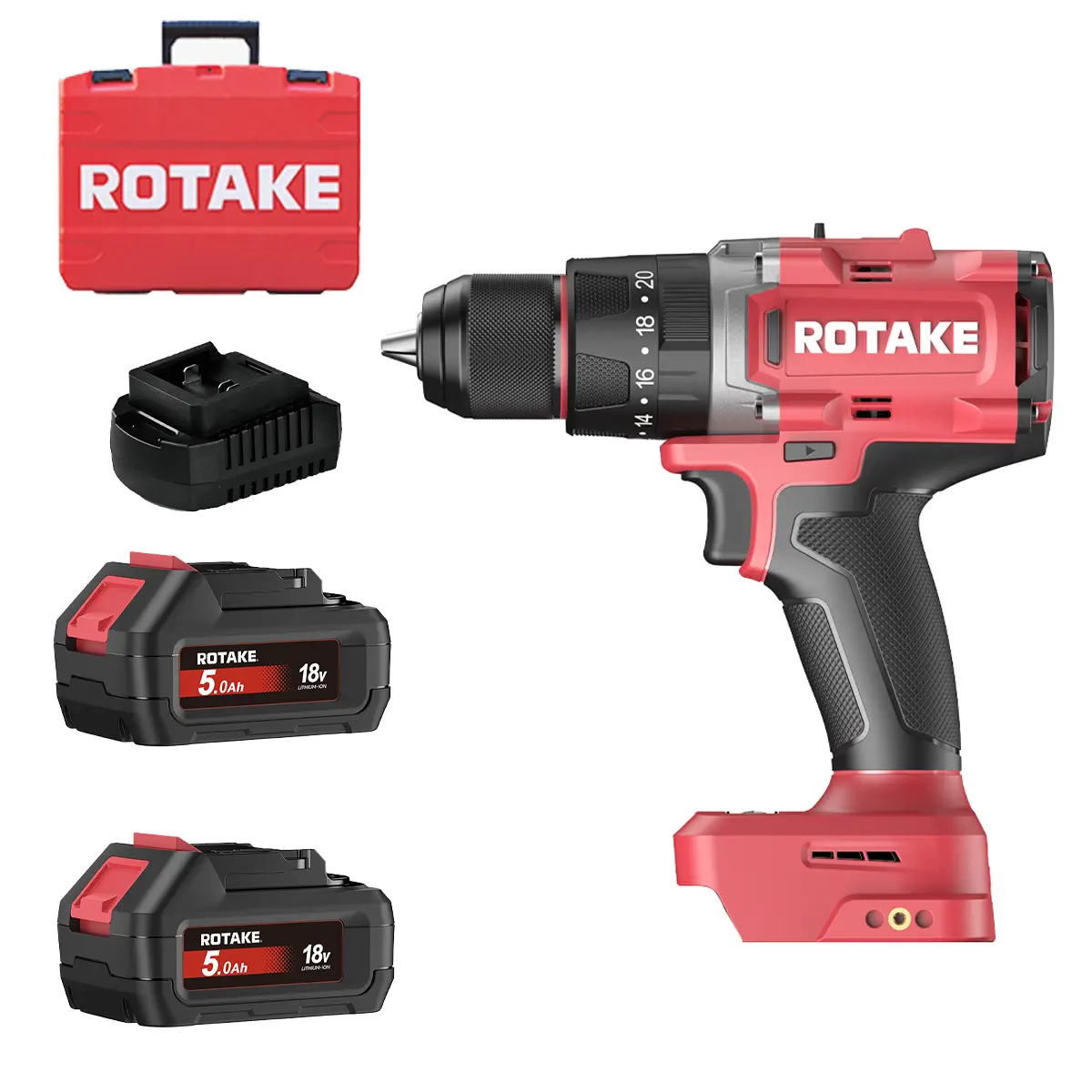 Perceuse visseuse à percussion 18V 120Nm - ROTAKE - avec 2 Batteries 18V 5Ah - chargeur - coffret - D2H-50D