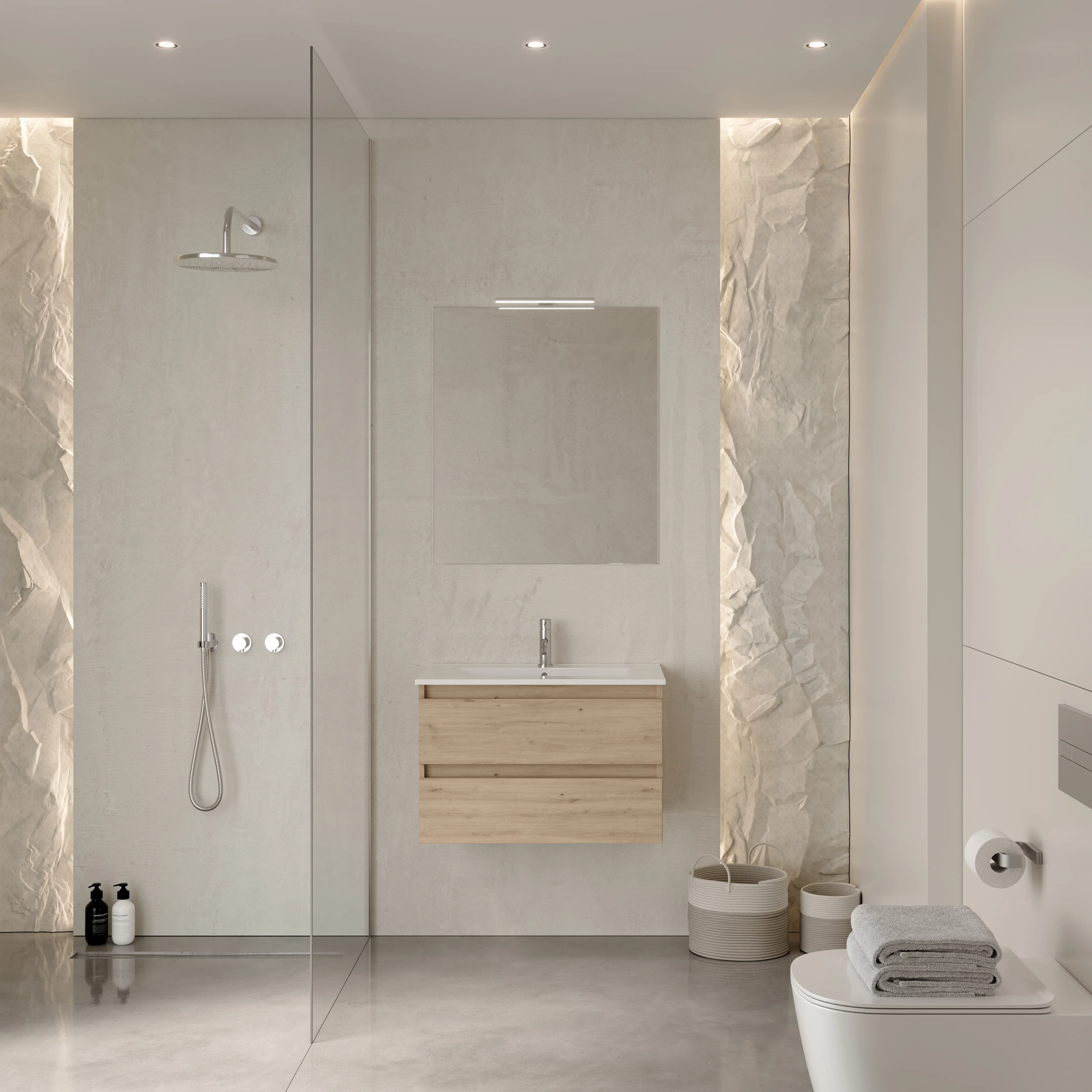 Ensemble CONSTRUCTA - Meuble 2 TIROIRS 60cm CHENE FUTURA + Plan céramique 60 cm + Miroir 60x80 cm + Spot led - BANHOAZIS - CONJ7867