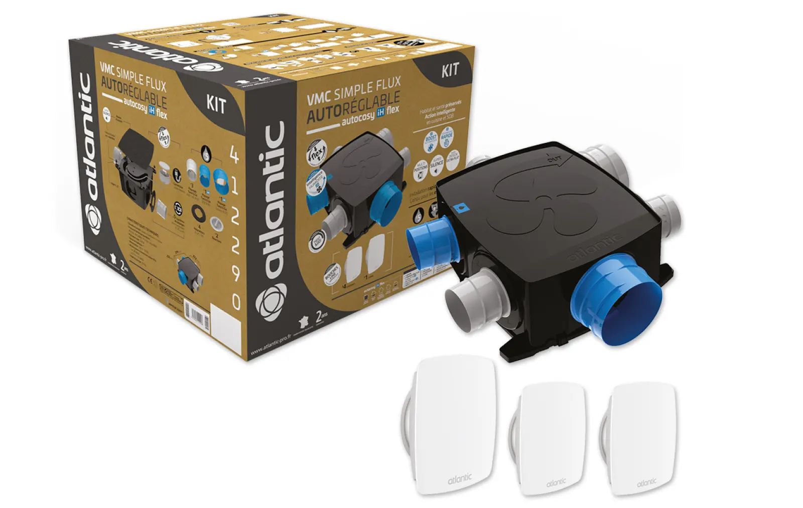 Kit Autocosy iH FLEX VMC auto intelligente plat 4 sanitaires (3 bouches LINES) - ATLANTIC - 412290