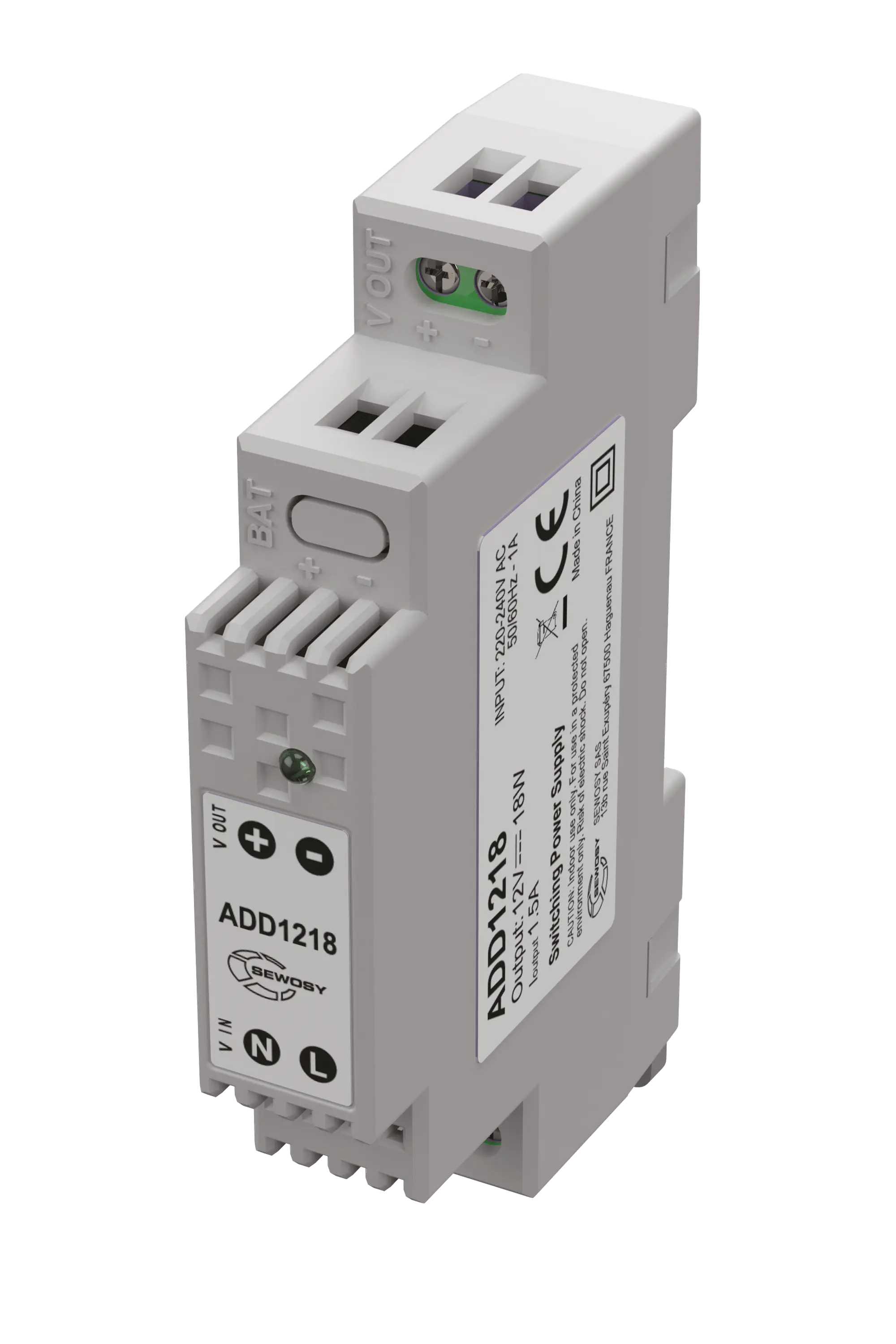 Alimentation sur rail DIN 1 module 230V AC / 12V DC / 18W – 1.5A - SEWOSY - ADD1218