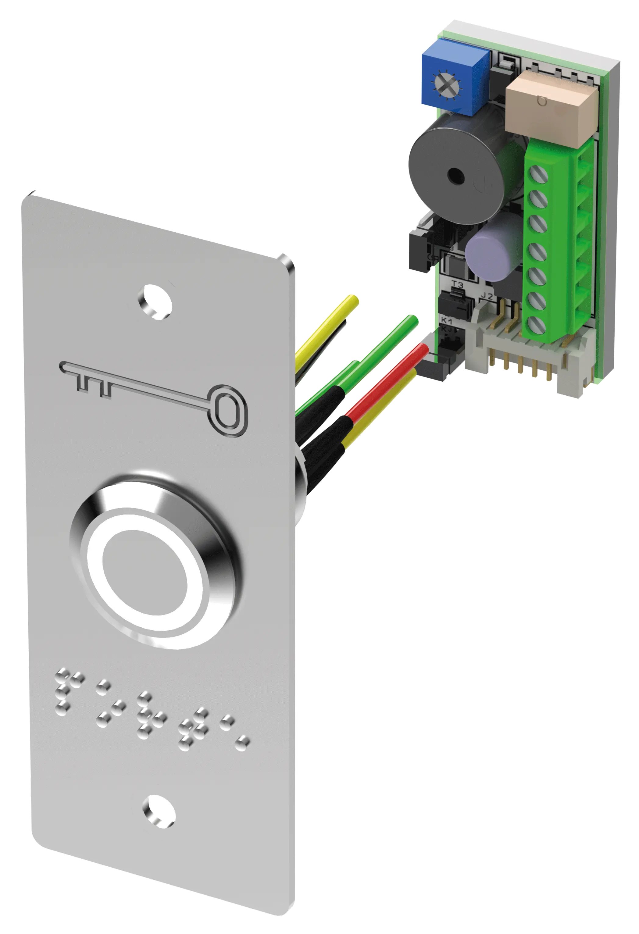Bouton poussoir INOX PMR LED Vert/Blanc, plaque étroite et braille - SEWOSY - PB19VB_BBL-E