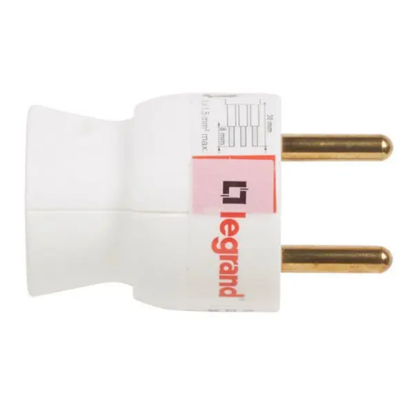 Fiche plastique mâle 2P + Terre 16A à sortie latérale - Blanc - LEGRAND - 210050101