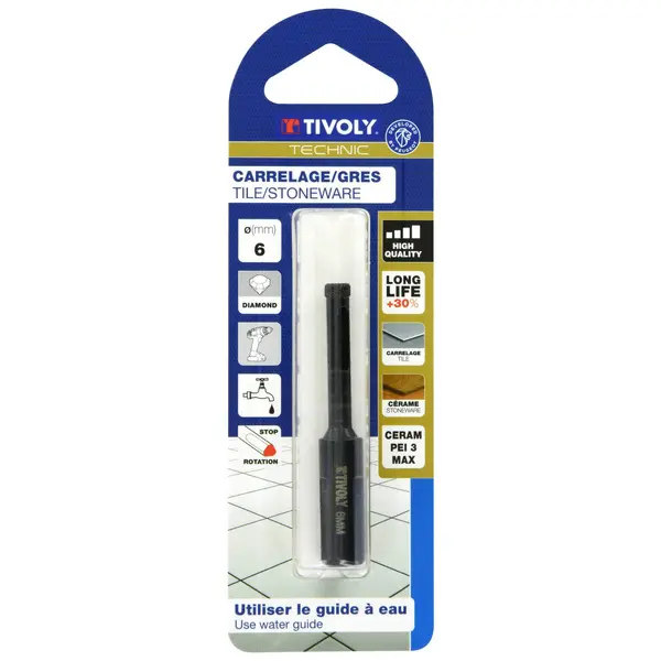  Foret diamant à eau brasé - Queue cylindrique à méplats 6x65mm - TIVOLY - 12001820600