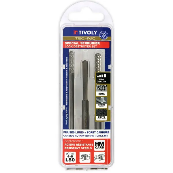 2 fraises limes rotatives carbure 4/6 mm Longueur 80mm + 1 foret carbure destructeur de verrou - TIVOLY - 10316070012