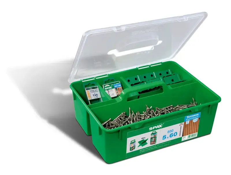 Kit terrasse Green Box 5x60 Inox A2 - 850 Vis + 1 Foret + 12 Espaceurs + 5 Embouts - SPAX - 5000009030009