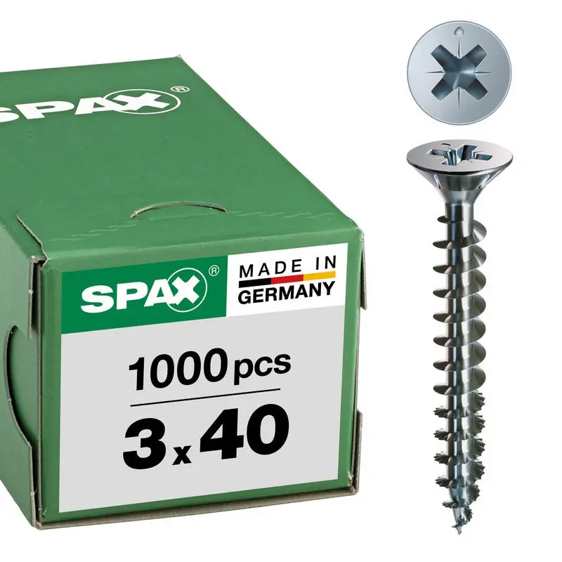 Vis tête fraisée cruciforme 3X40 zingué blanc - boîte de 1000 pièces - SPAX - 1081010300405