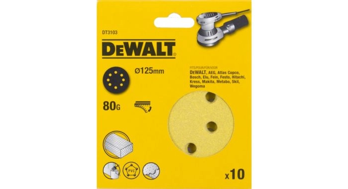 Disque abrasif DEWALT Velcro excentriques - Ø125 mm grain 80 - Boite de 10 - DT3103