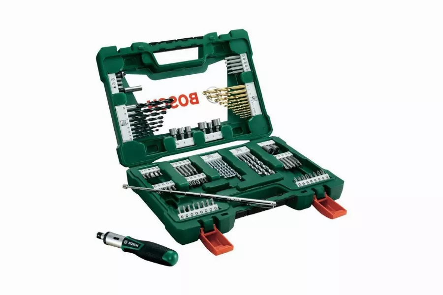 Coffret V-Line 91 pièces de forets et d’embouts TiN BOSCH avec tournevis à cliquet et tige magnétique - 2607017195