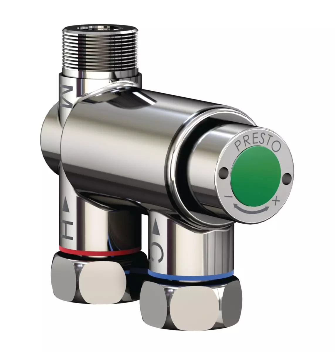 Régulateur thermostatique Minitherm - PRESTO - monoposte avec arrivées en ligne. Entrées et sortie F G 3/8'. Finition chromée - 29008