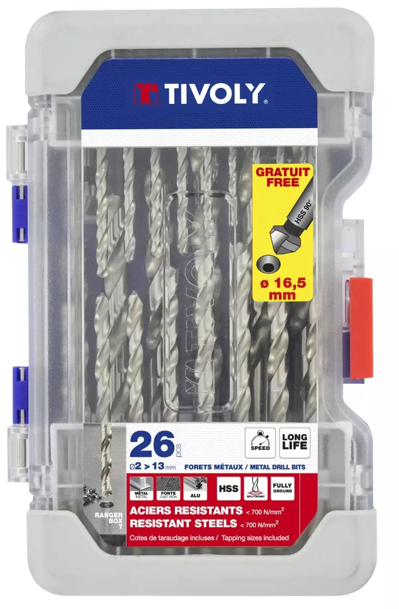 Coffret 26 pièces TIVOLY - 25 forets métaux HSS taillés meulés pointe en croix Ø 2 à 13mm + 1 fraise à noyer HSS Ø 16,5mm - 11452070002