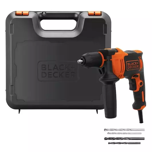 Perceuse à percussion  filaire - 710W - BLACK+DECKER - avec coffret, poignée latérale, 4 mèches - BEH710K-QS