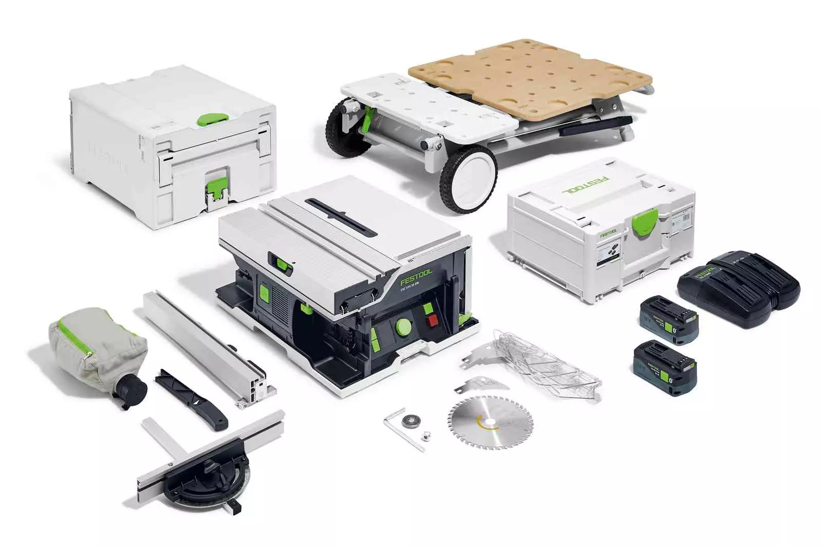 Scie circulaire sur table sans fil  CSC SYS 50 EBI-SET - FESTOOL - Avec 2 batteries 18V 5Ah - chargeur double - chariot - systainer - accessoires - 577379