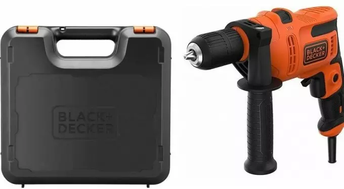 Perceuse à percussion filaire - 500W - BLACK+DECKER - avec poignée latérale -  coffret - BEH200K-QS